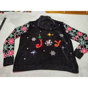 Holiday Sequin Christmas Sweater Ladies XL Black Joy Winter Party Poinsettia